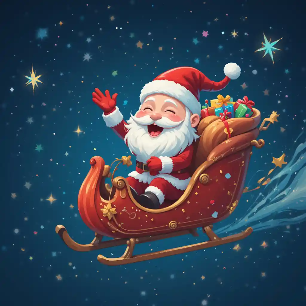 Papai Noel voando em seu trenó por um céu noturno estrelado