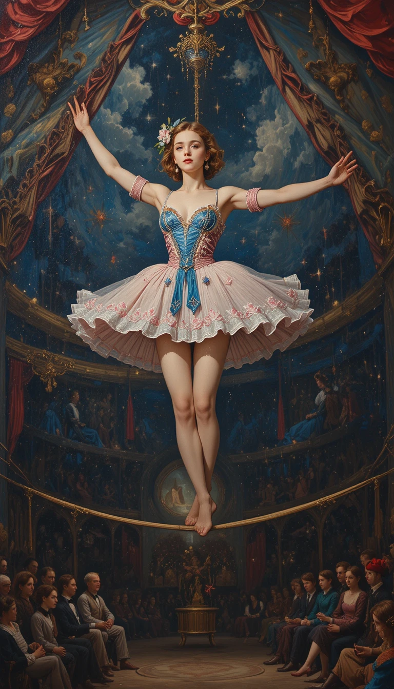 Elegante acróbata joven equilibrándose sobre la cuerda floja del circo