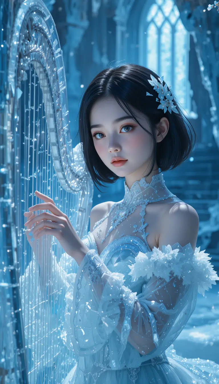 Anime girl playing a crystal ice harp in gothic cathedral