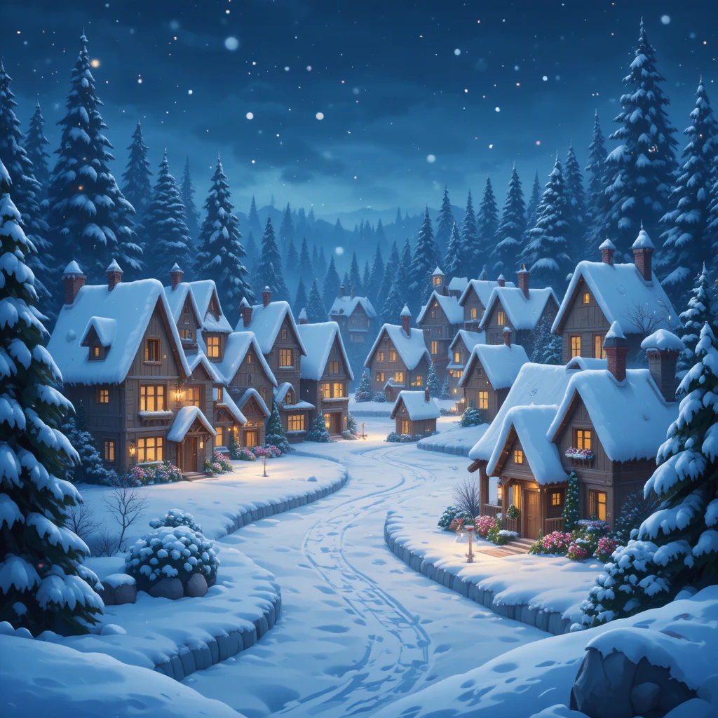 Magical snowy village with glowing cozy houses at night