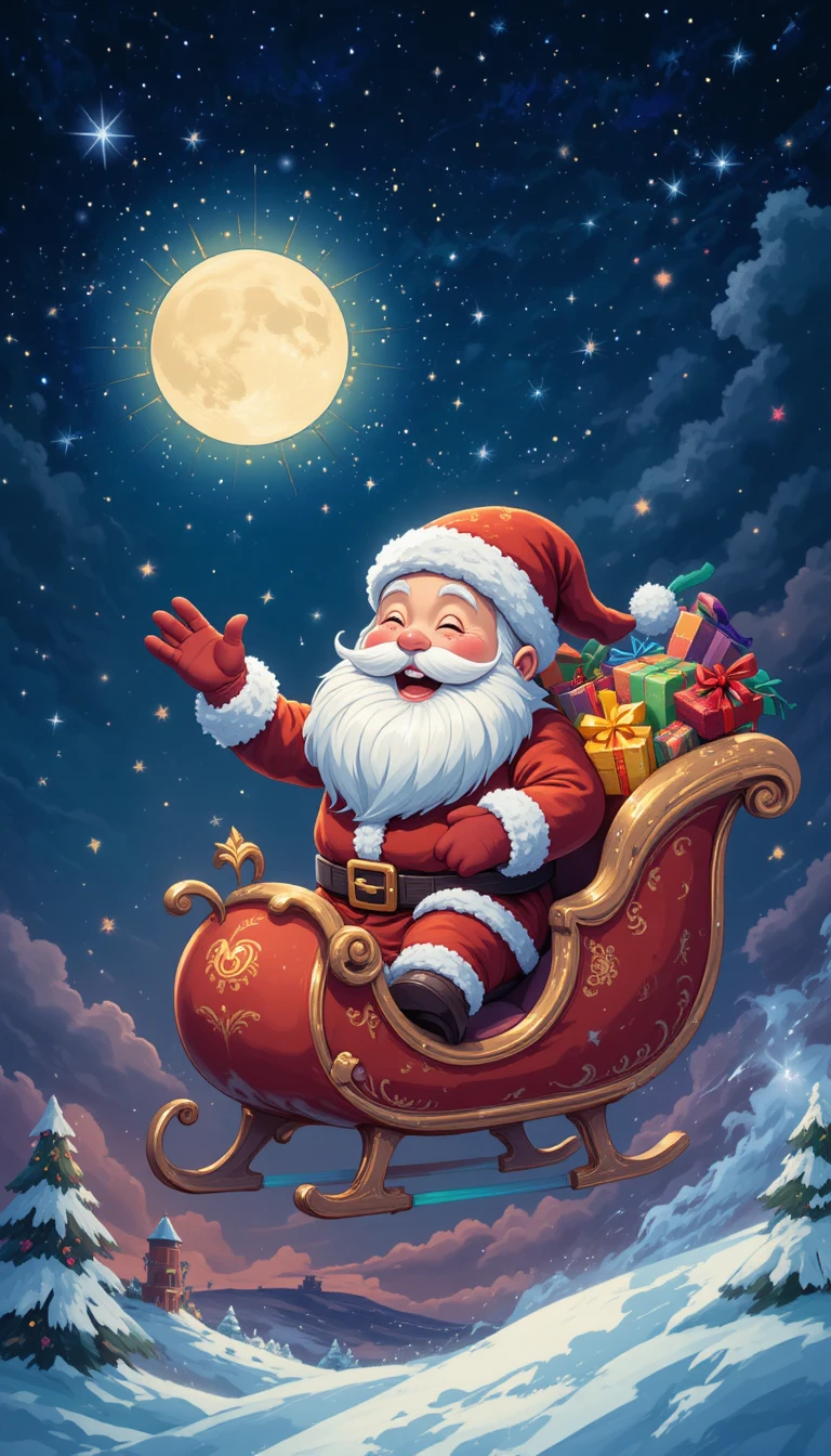 Santa Claus flying his sleigh across a bright starry sky