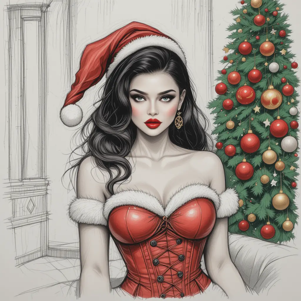 Glamorous woman in Santa costume by a decorated Christmas tree