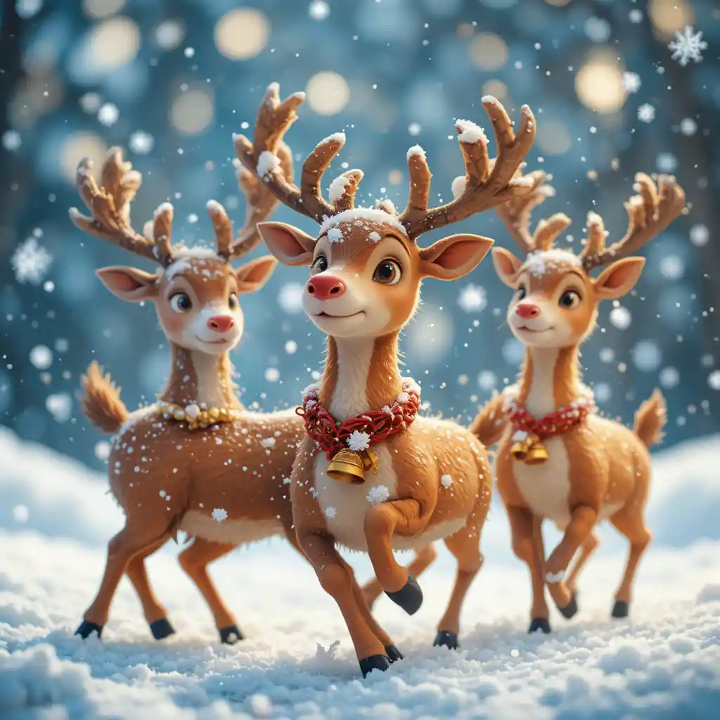 Joyful reindeer with jingling bells in falling snow close up