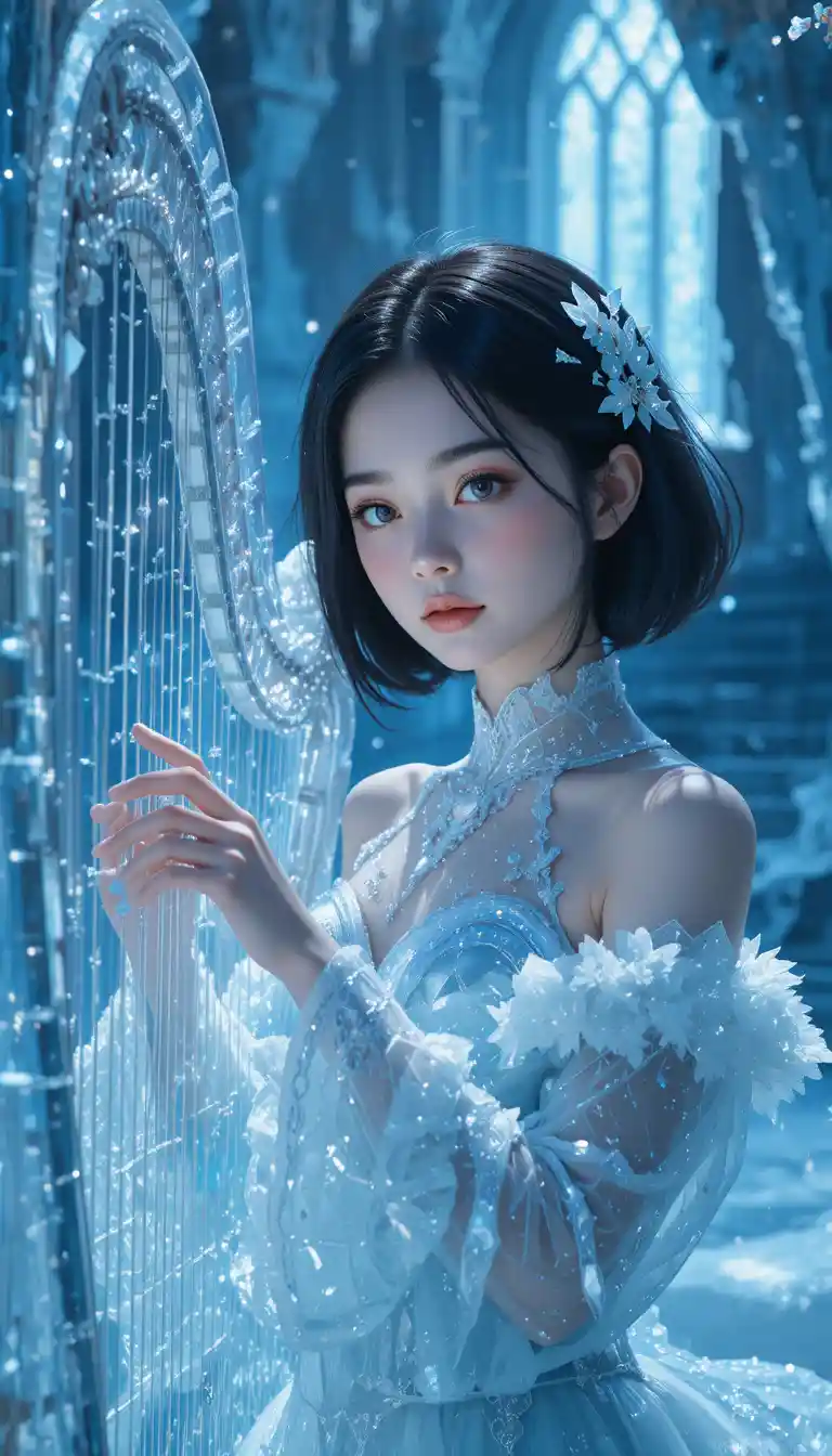 Anime girl playing a crystal ice harp in gothic cathedral