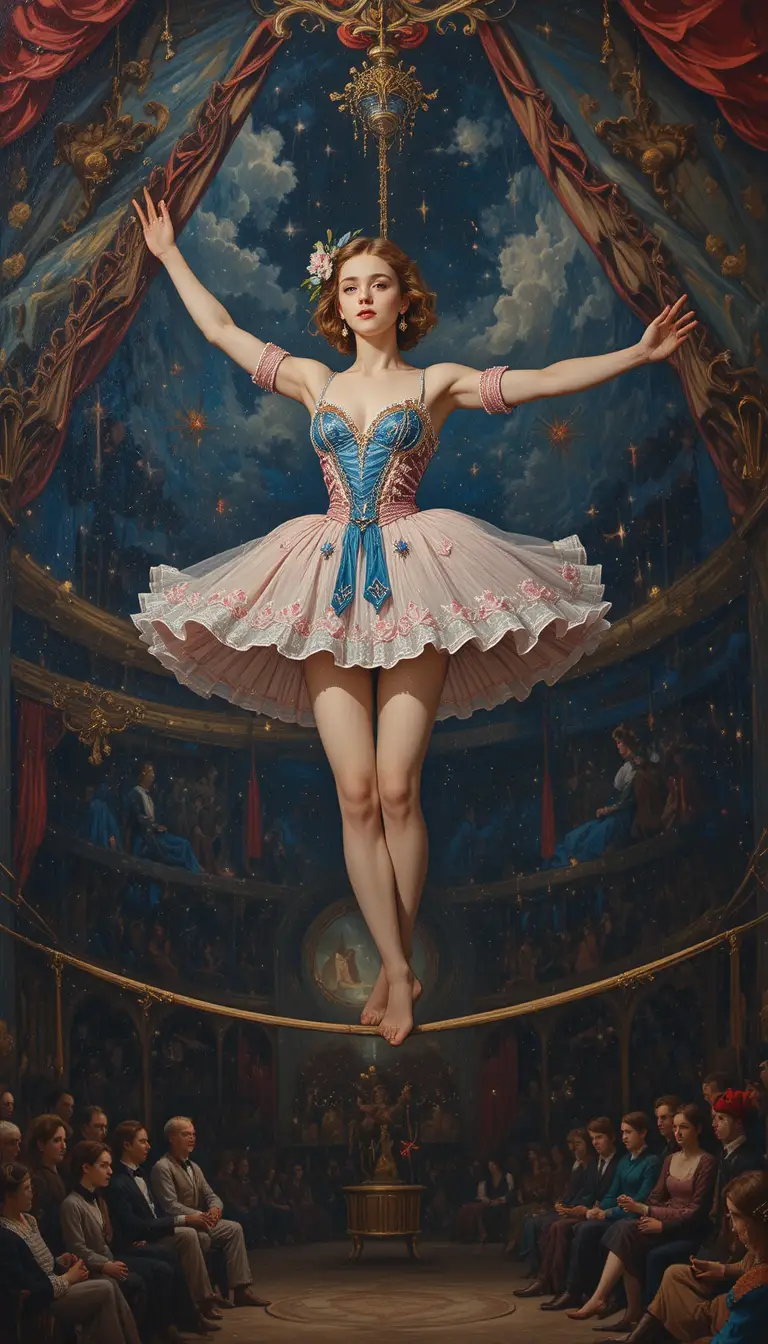 Elegant girl acrobat balancing on a circus tightrope