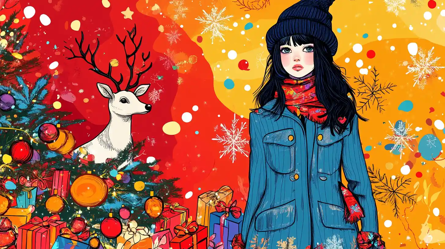 Cartoon Christmas scene with girl and reindeer