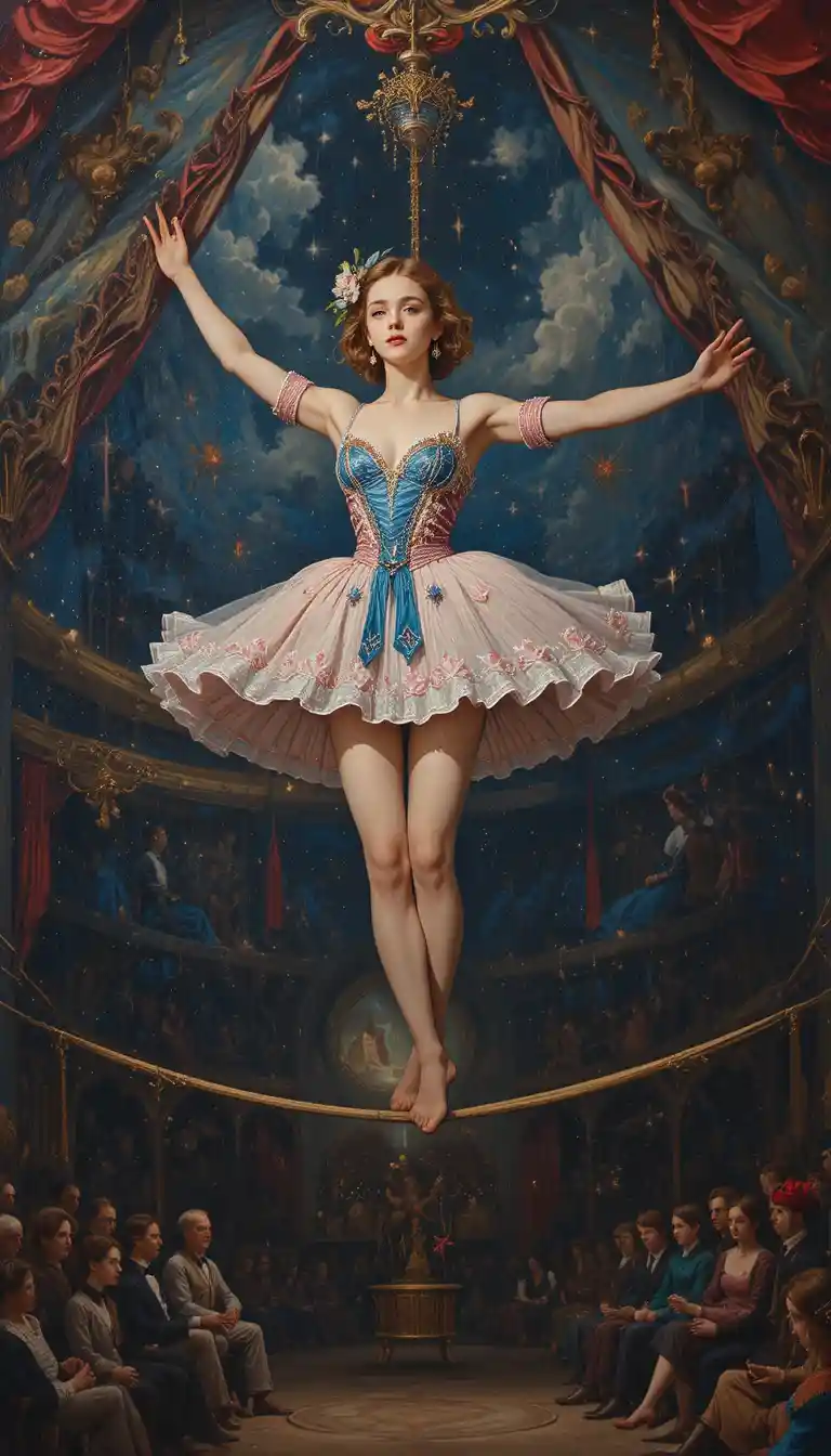 Elegante acróbata joven equilibrándose sobre la cuerda floja del circo