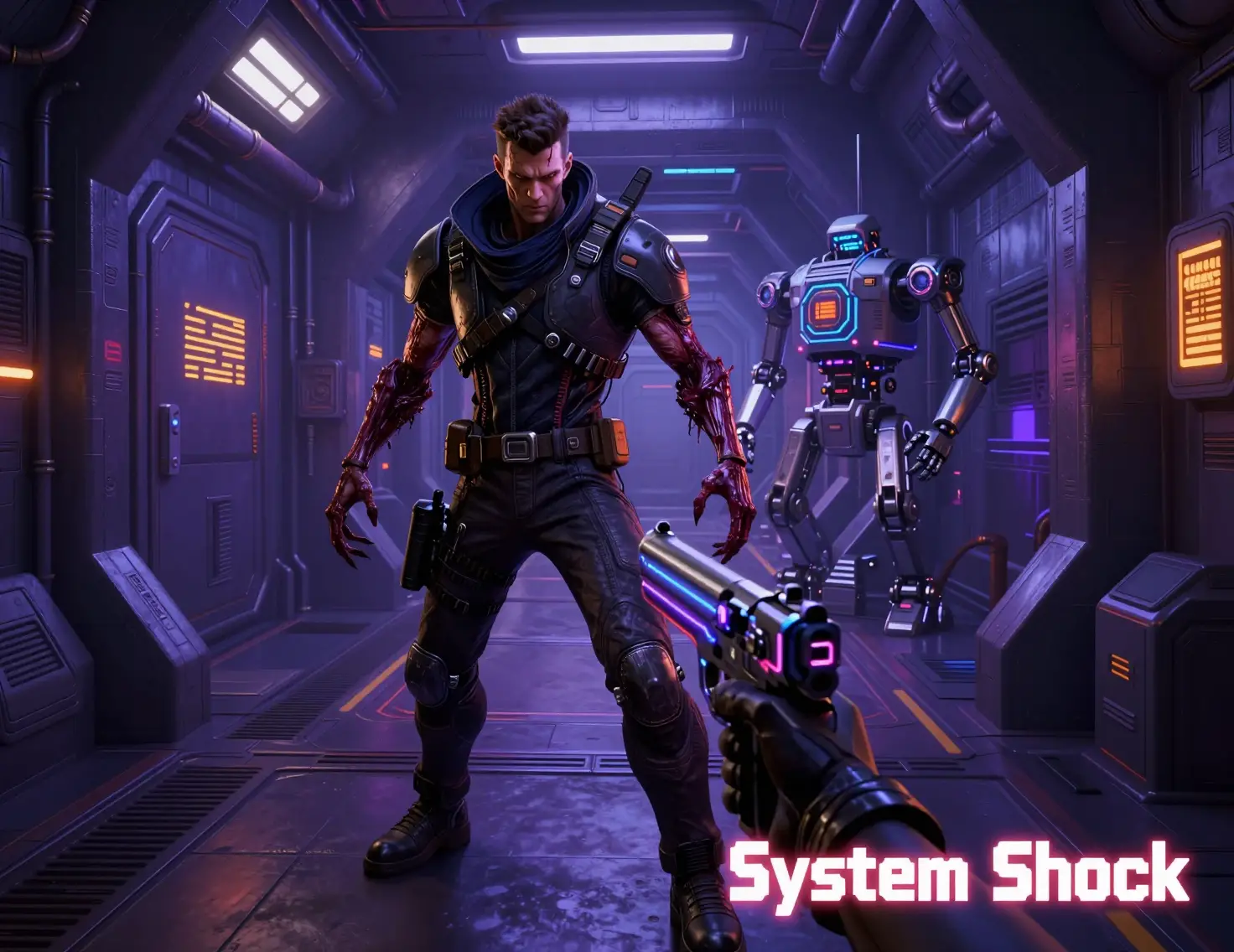 Mutant Creature In Neon Sci Fi Corridor Space Station