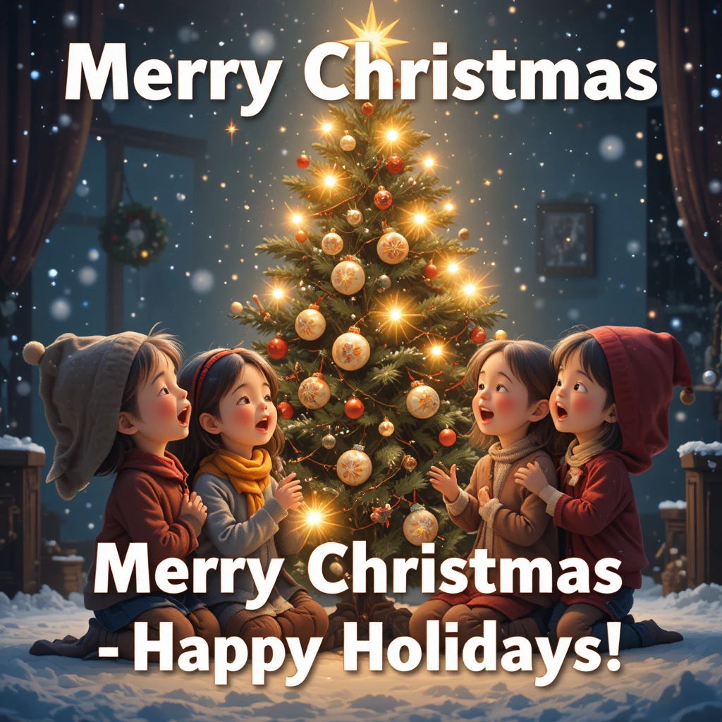Children Singing Around A Glowing Christmas Tree In Snow
