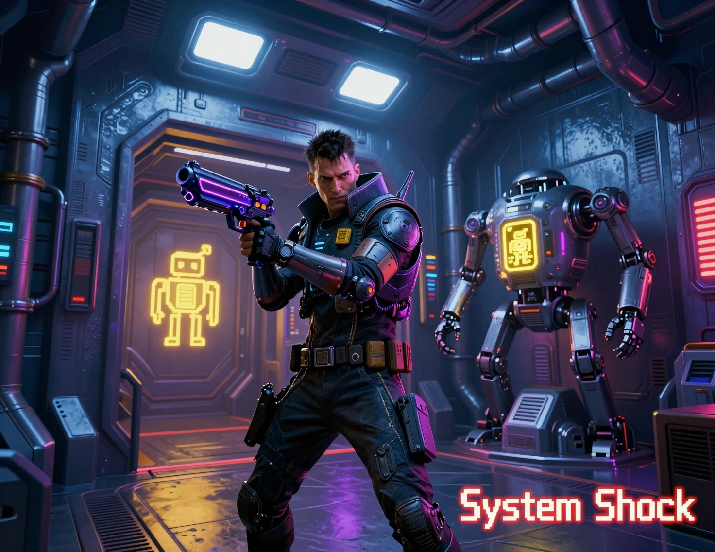 Cyberpunk-Mann im Neon-Korridor einer Zitadelle mit gezogener Waffe
