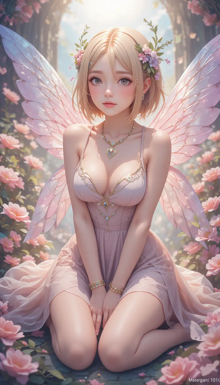 Blonde fairy girl sitting barefoot with delicate wings