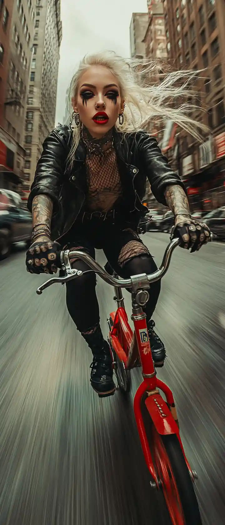 Goth woman on red kids bicycle in busy city street
