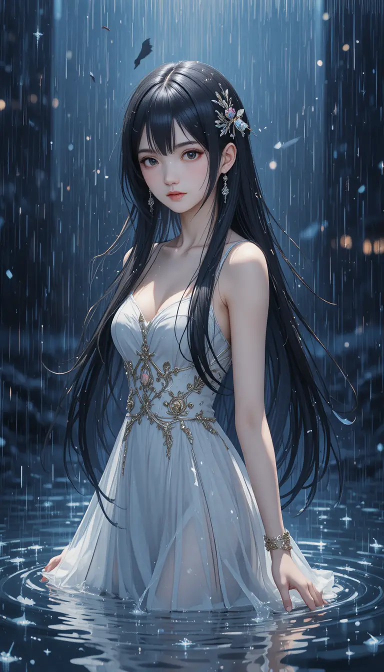 Anime girl in white dress standing by water at night