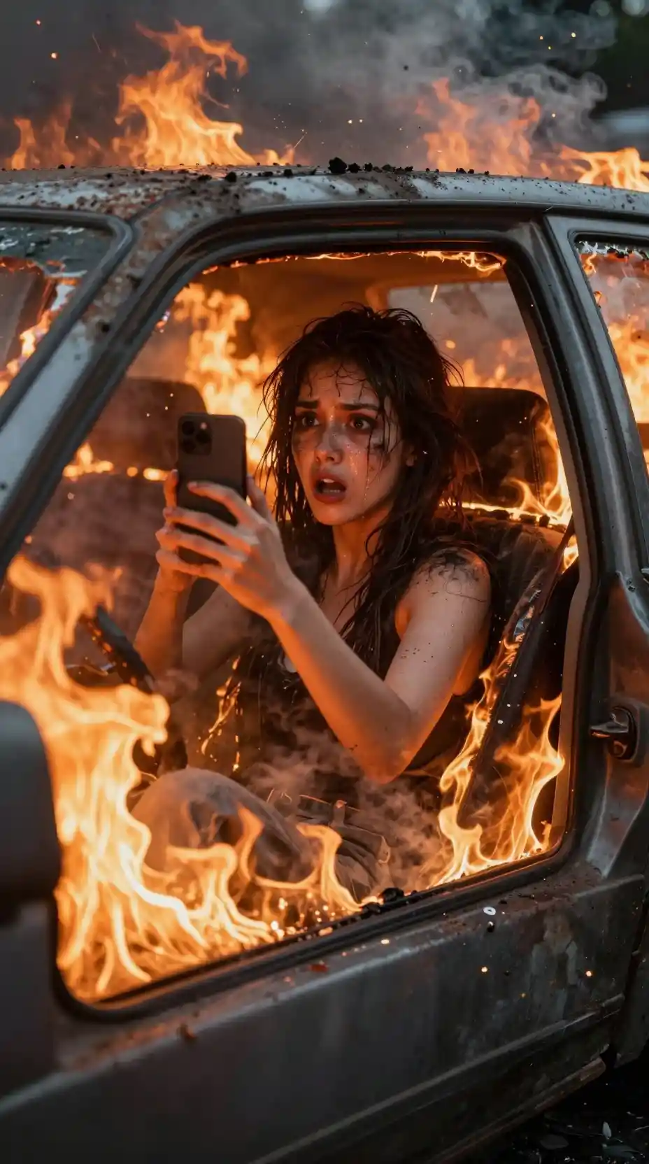 Terrified young woman taking selfie inside burning car