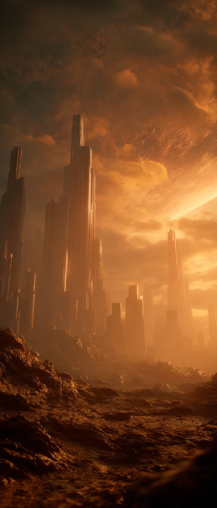 Skyline di città futuristica in rovina sotto violente nuvole di tempesta arancioni