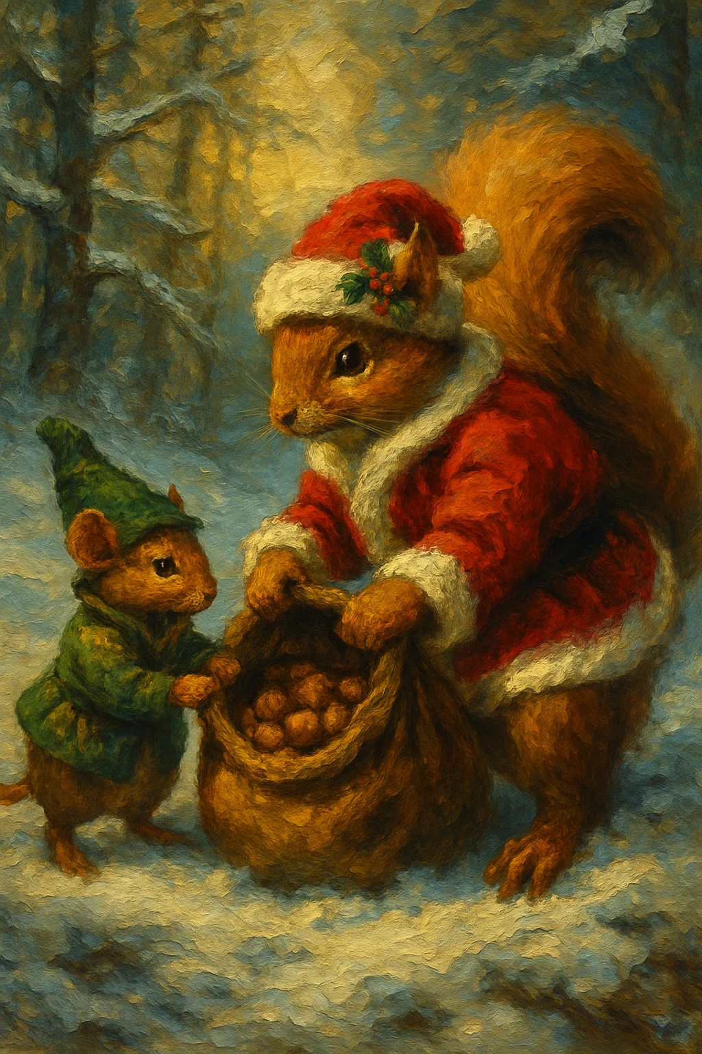Esquilo Papai Noel antropomórfico em cena de floresta de inverno nevada