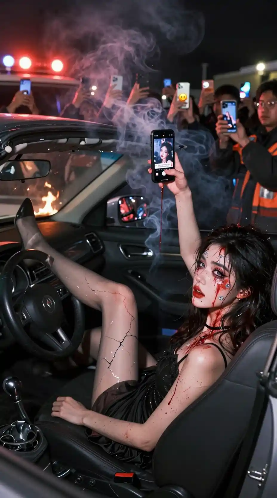 Donna ferita che posa per un selfie in un'auto distrutta