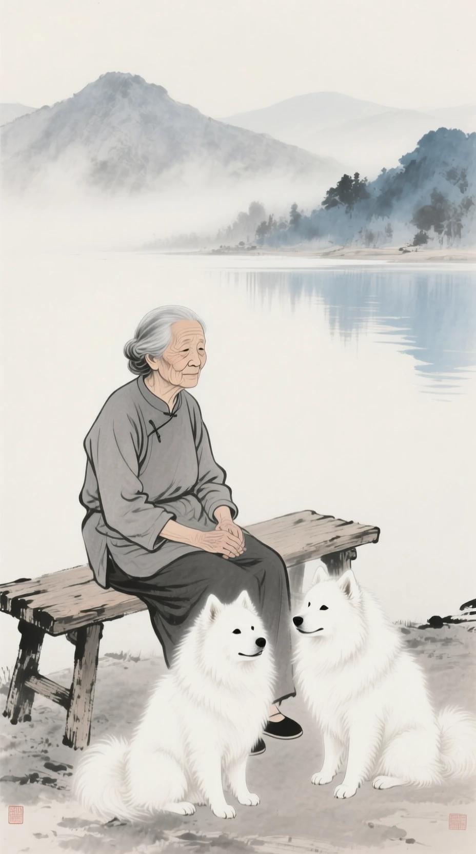 Elderly woman with two samoyed dogs by a misty lake