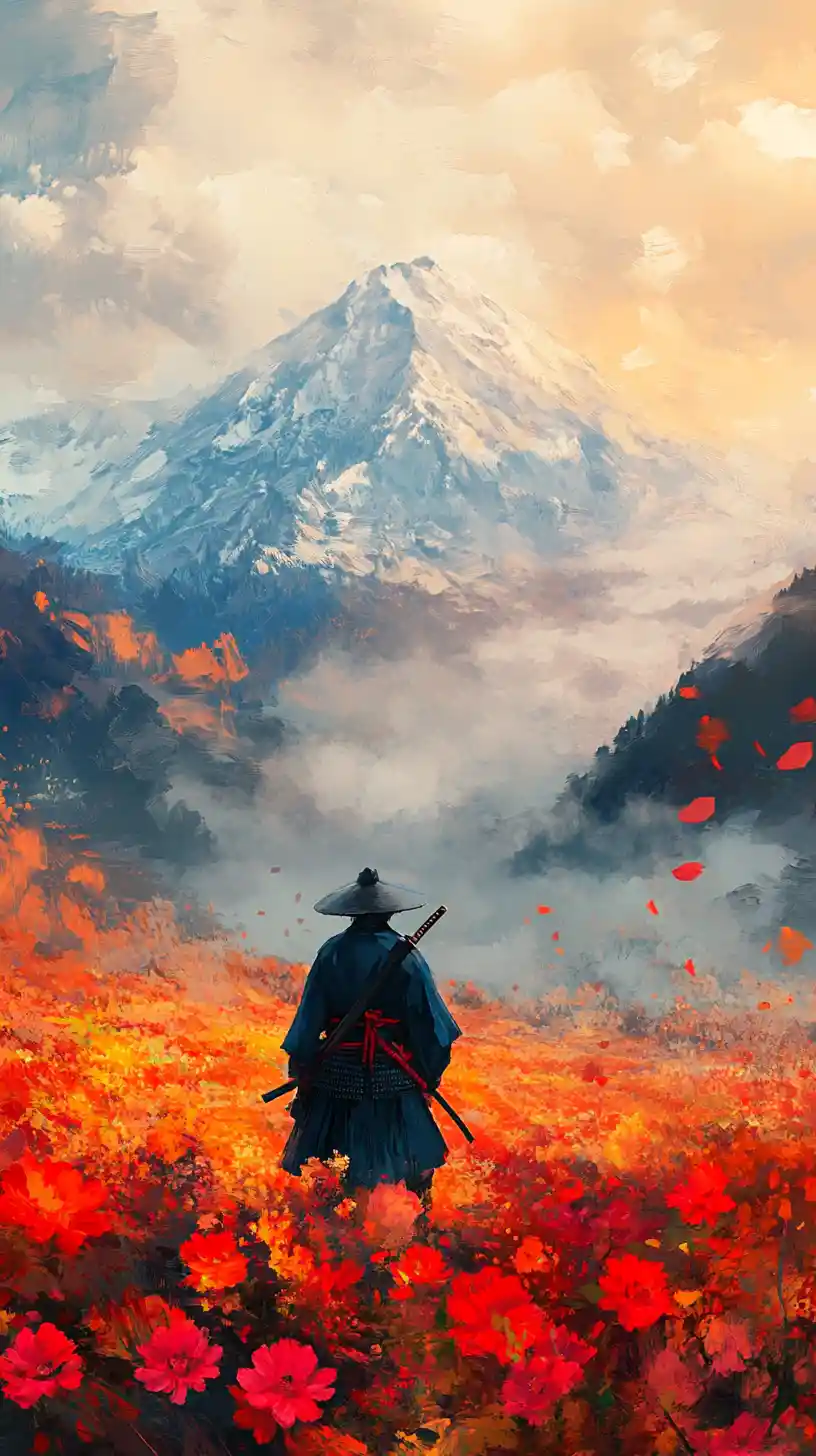 Lone samurai overlooking a glowing mountain flower field