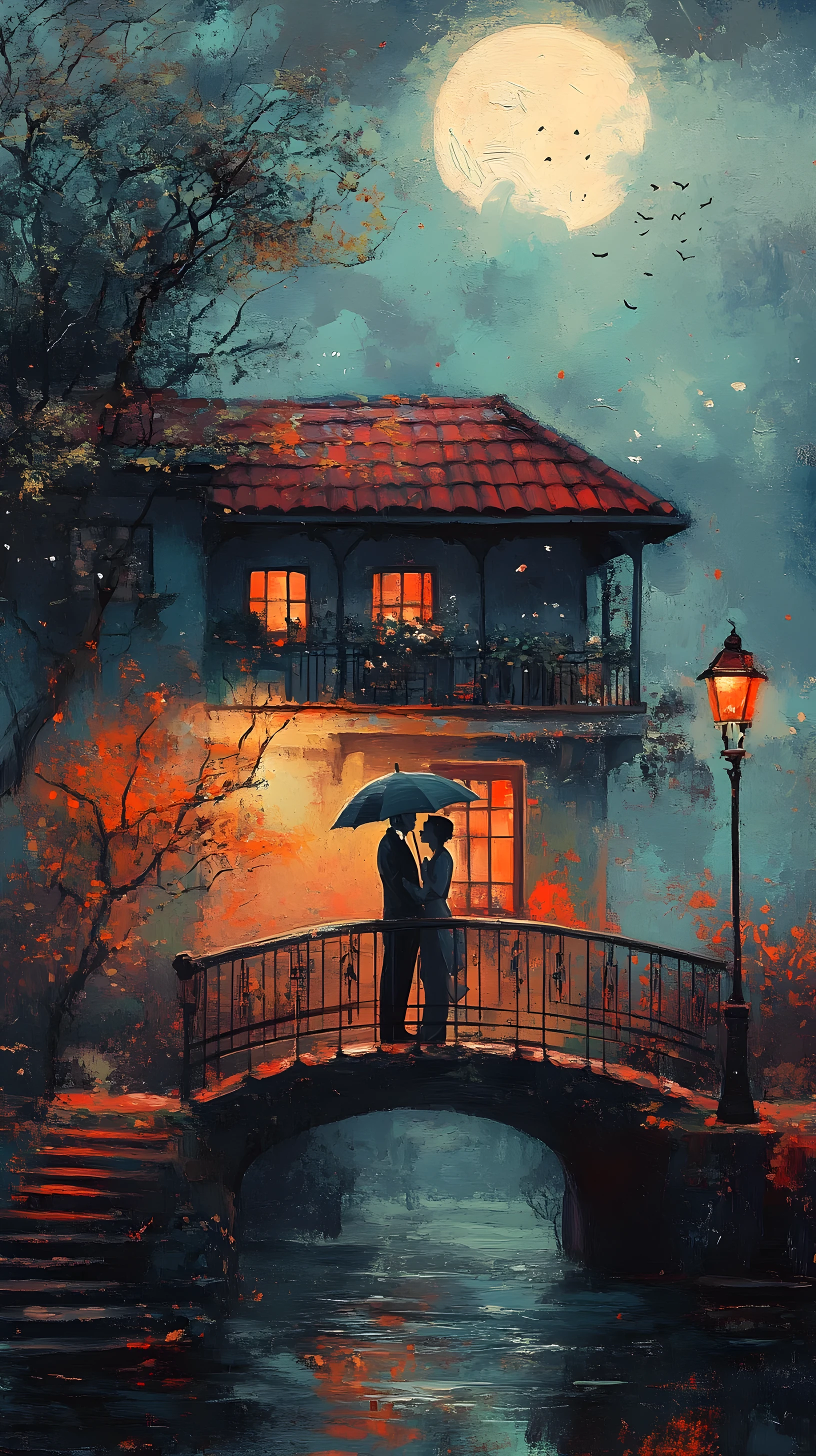 Casal com guarda-chuva na ponte ao lado de casa à noite