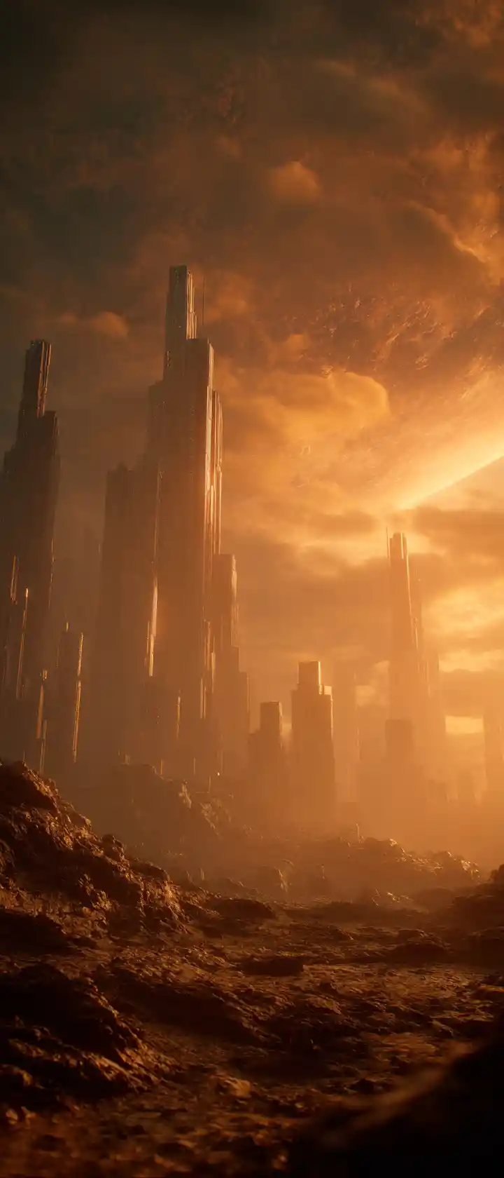 Skyline di città futuristica in rovina sotto violente nuvole di tempesta arancioni