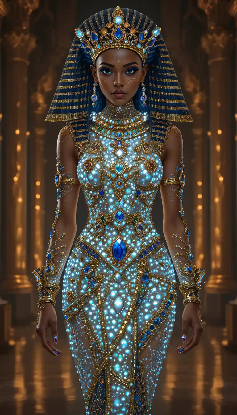 Ancient Egyptian goddess in jeweled temple with radiant glow