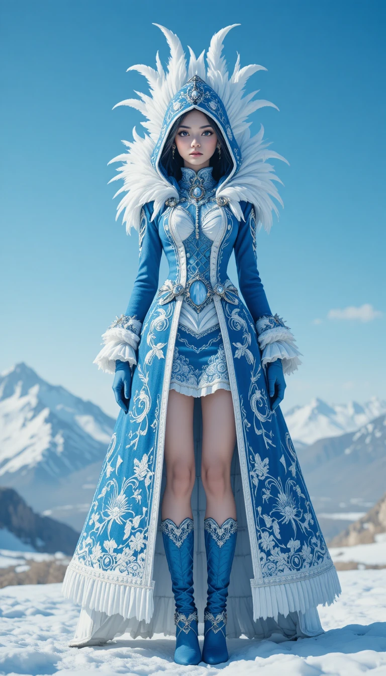 Donna fantasy con cappotto blu tra le montagne innevate