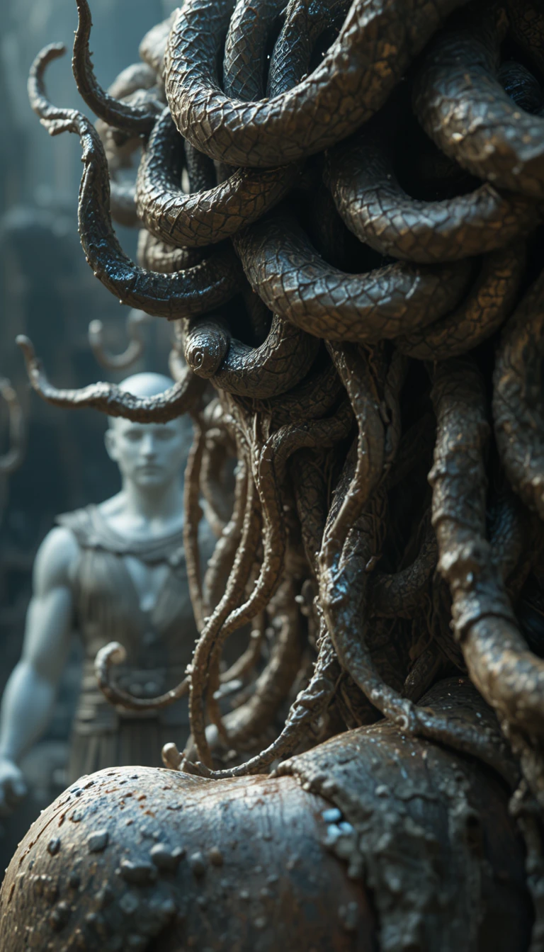 Primo piano dei capelli di Medusa con serpenti contorti e guerriero pietrificato