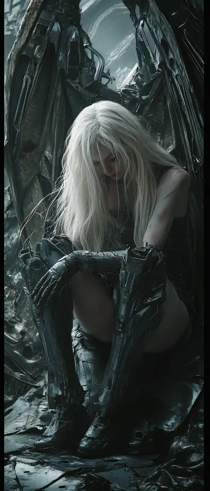 Cyborg woman with industrial wings in dark sci fi armor