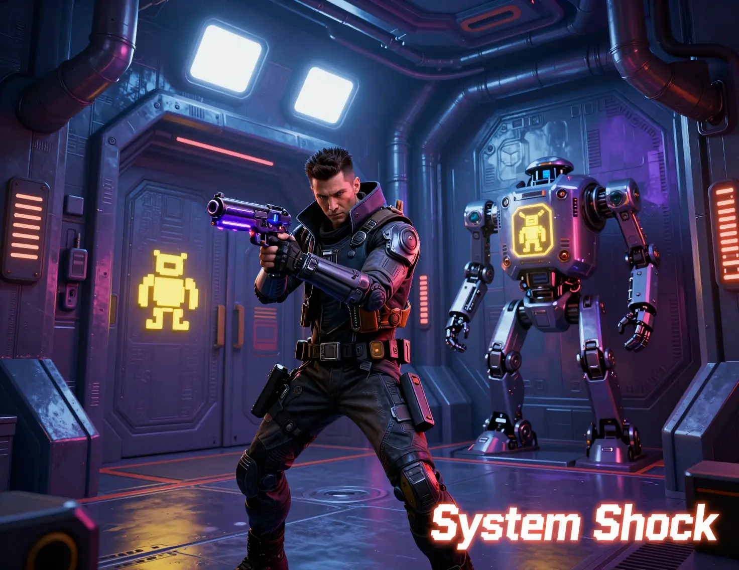 Cyberpunk vigilante in a neon lit futuristic corridor