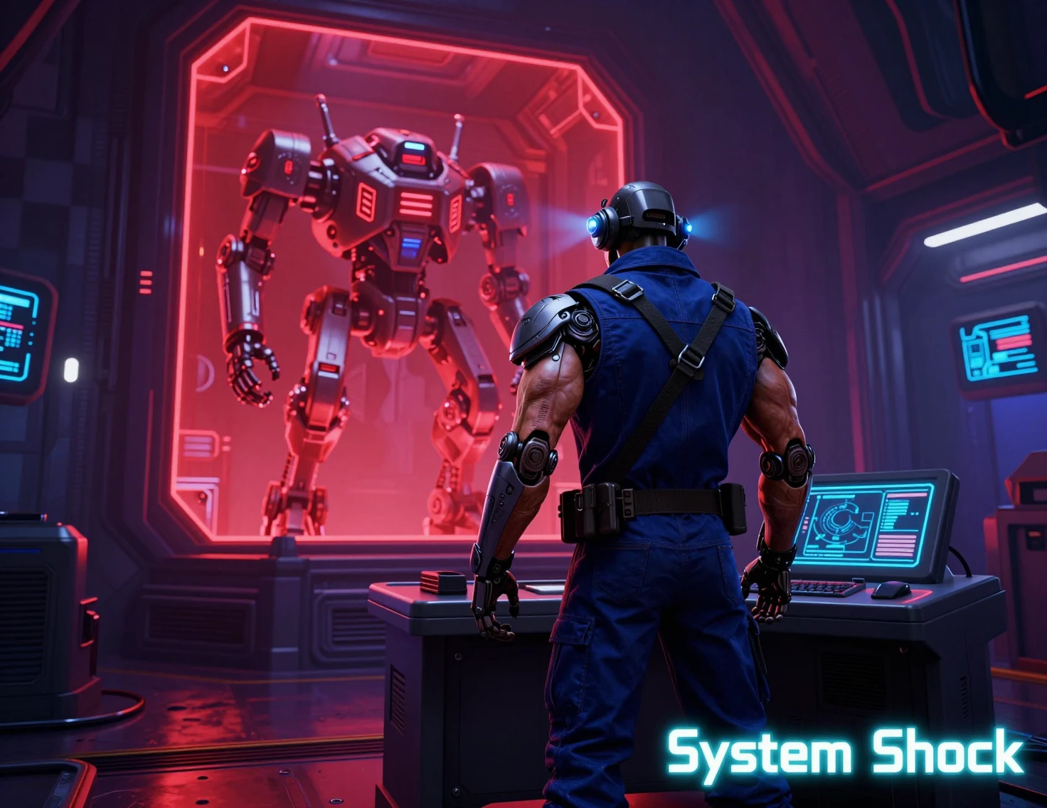 Cyborg musclé à une console dans une station industrielle éclairée au néon
