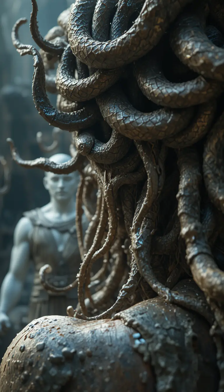 Close up of medusa hair of writhing snakes and frozen warrior