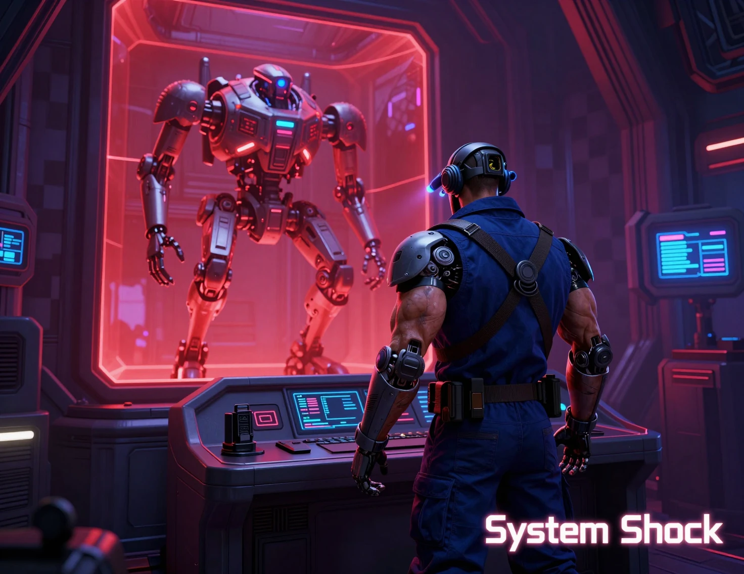 Lavoratore cyborg alla console in una stazione futuristica illuminata al neon