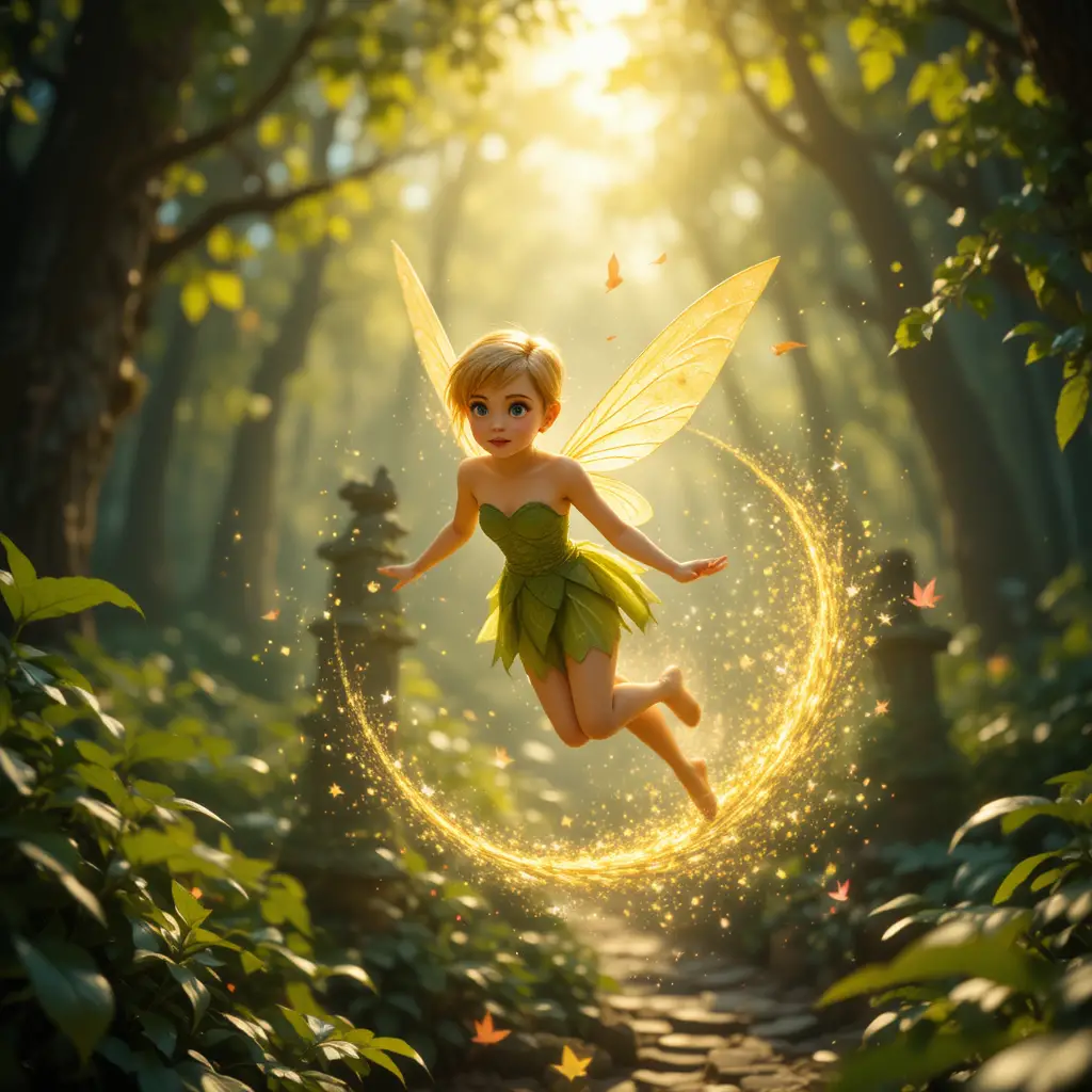 Feenmädchen fliegt durch einen sonnenverwöhnten, magischen Wald