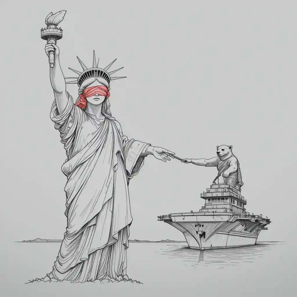 Statua della Libertà che Stringe la Mano a un Orso Russo su una Portaerei