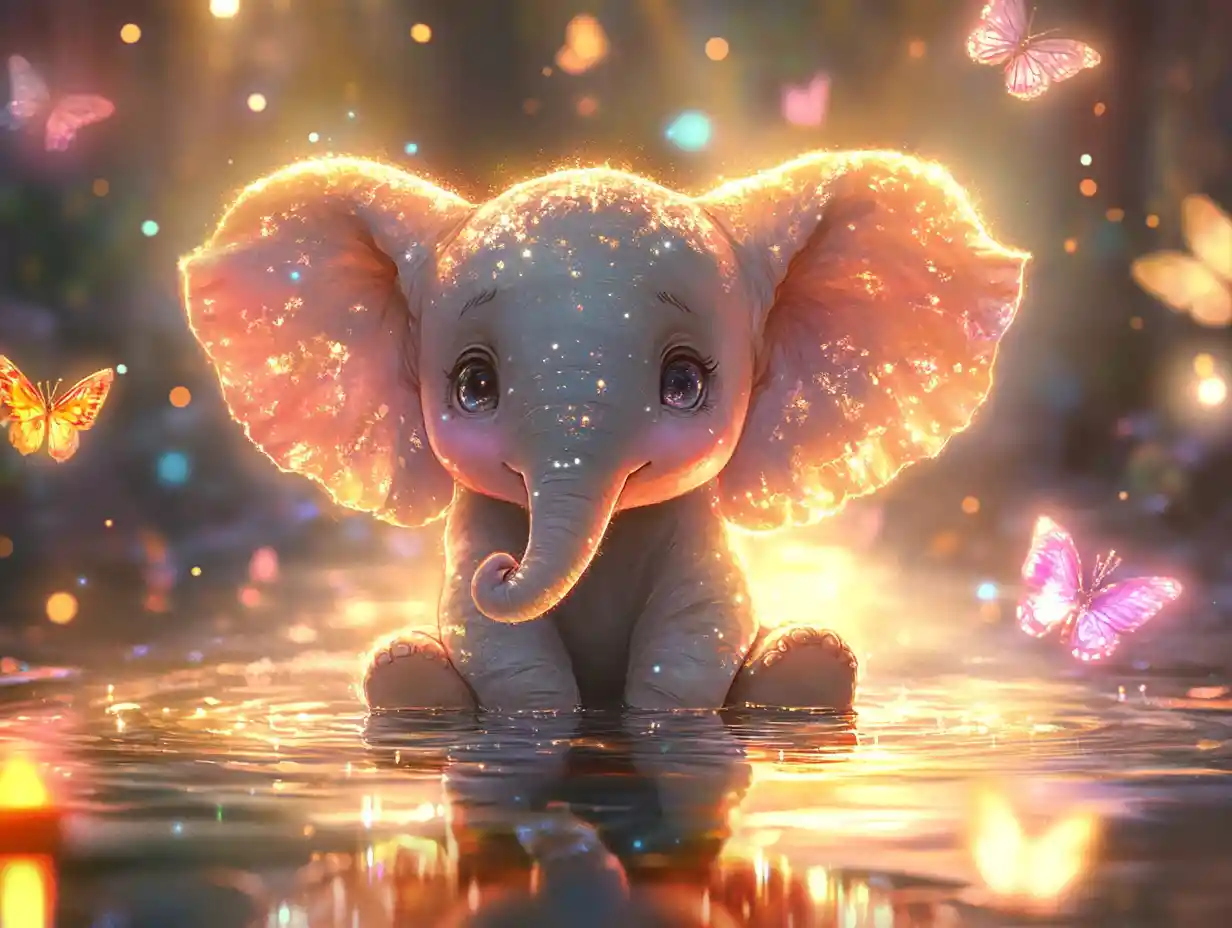 Cute baby elephant in magical reflective water scene