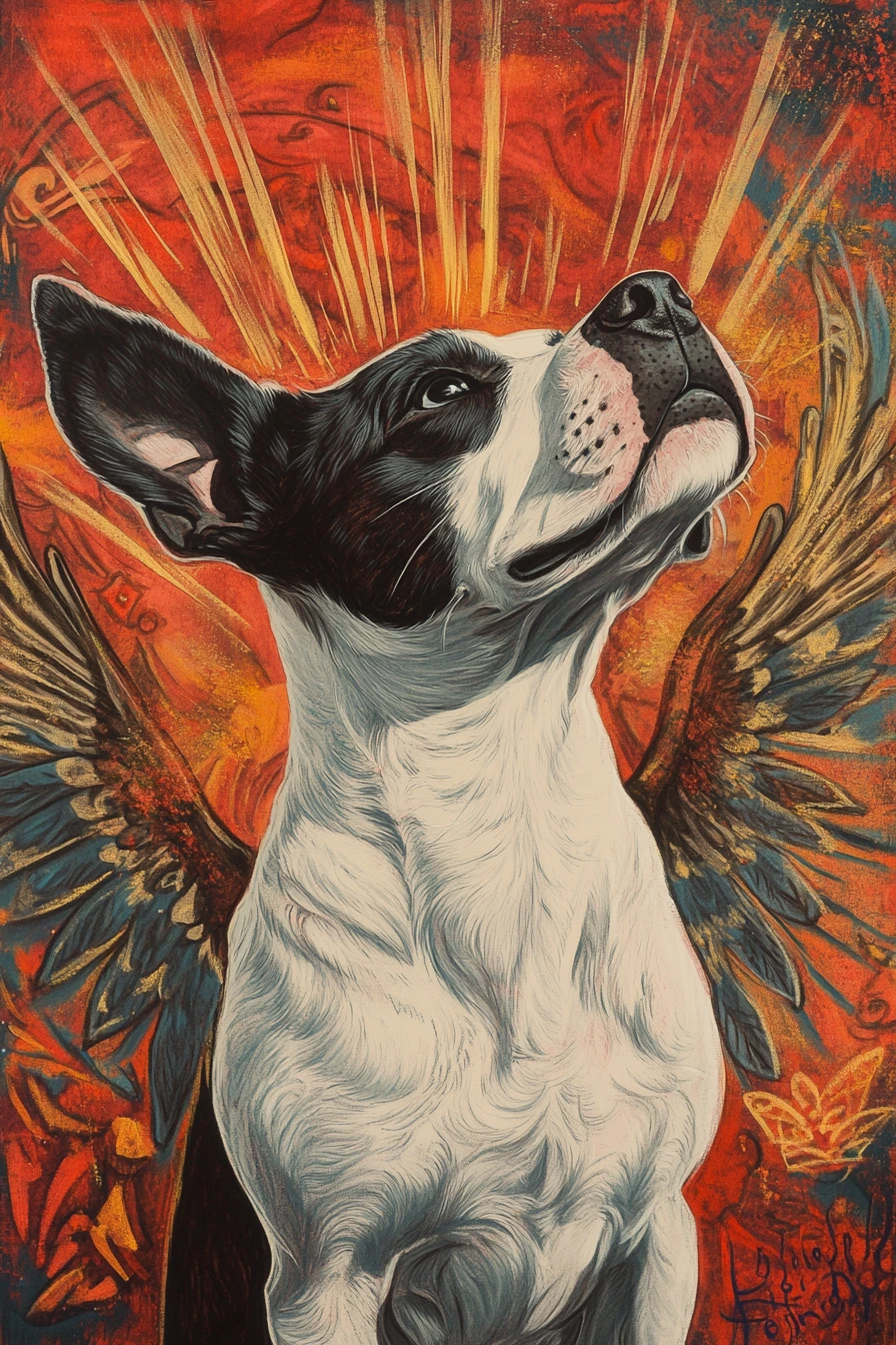Perro ángel colorido volando feliz en un cielo celestial