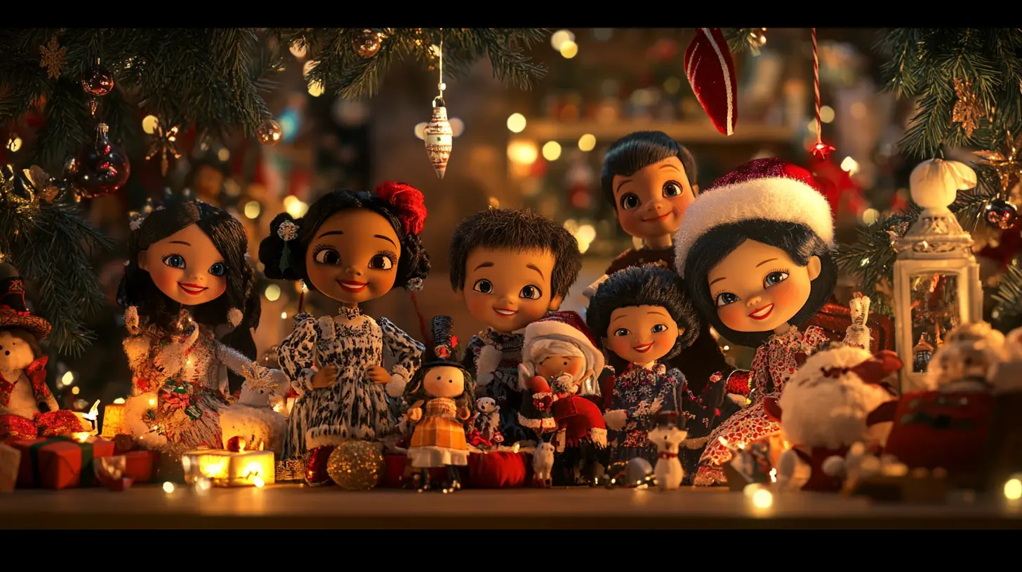 Festive dolls gathered in a cozy Christmas interior