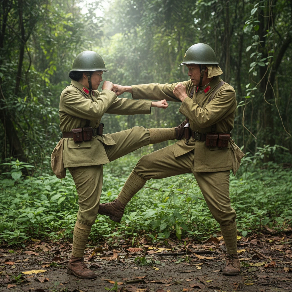 Japanese soldiers hand to hand combat training in jungle