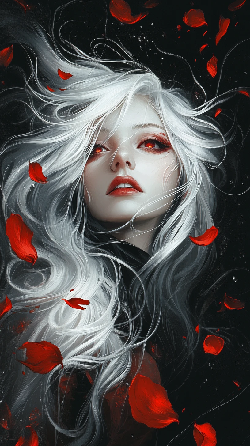 Silver haired dark enchantress with glowing red eyes