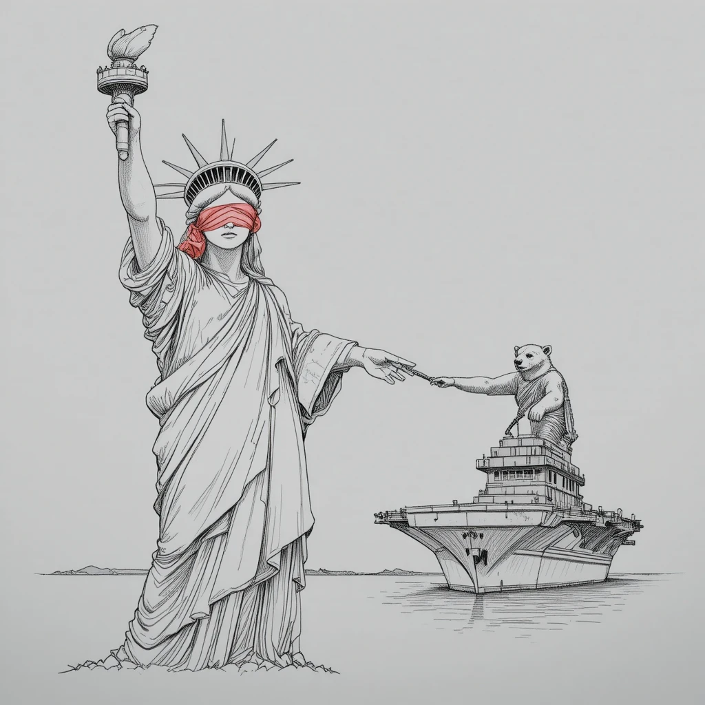 Statua della Libertà che Stringe la Mano a un Orso Russo su una Portaerei