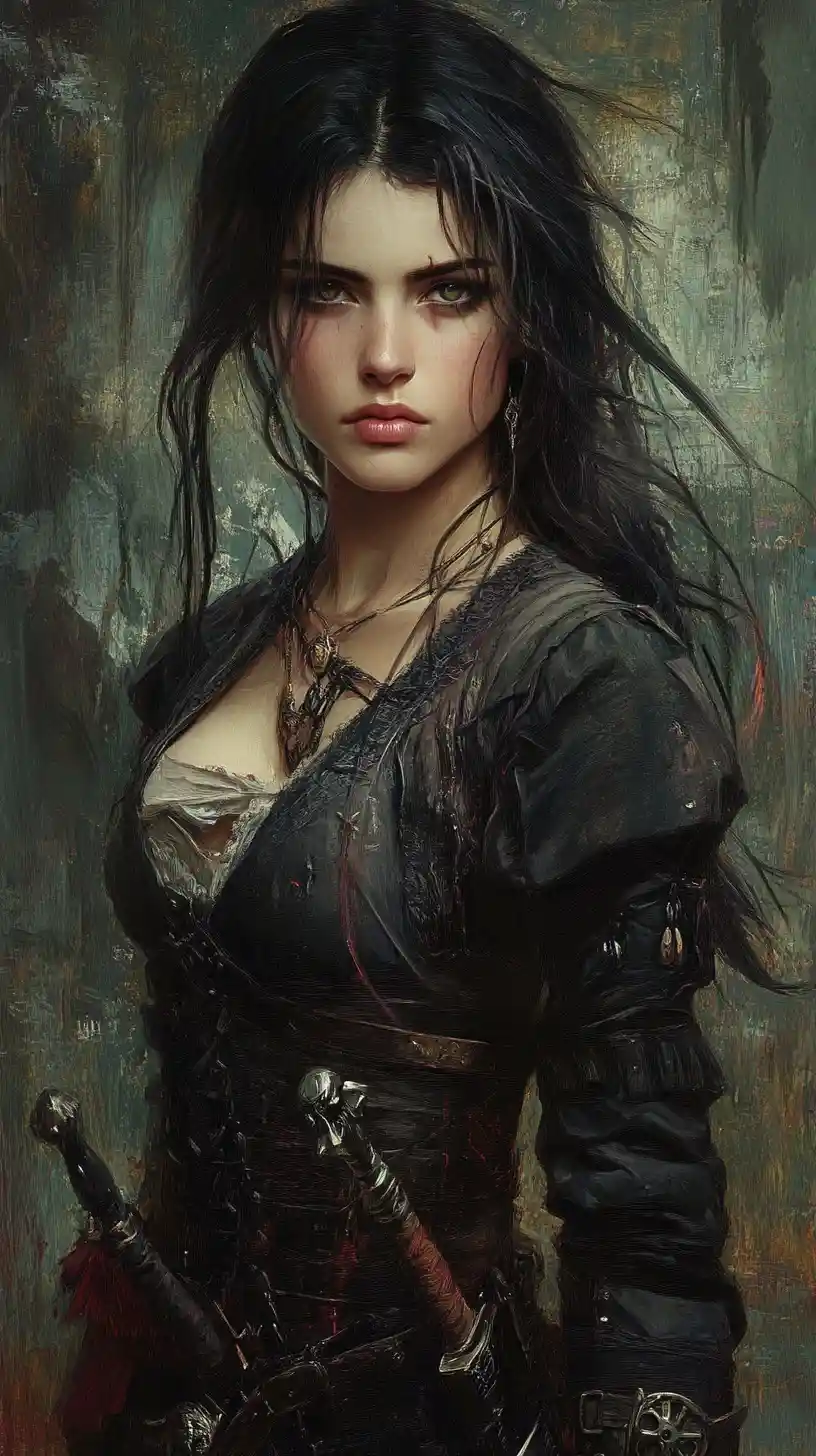 Dark haired cyberpunk assassin in epic fantasy portrait