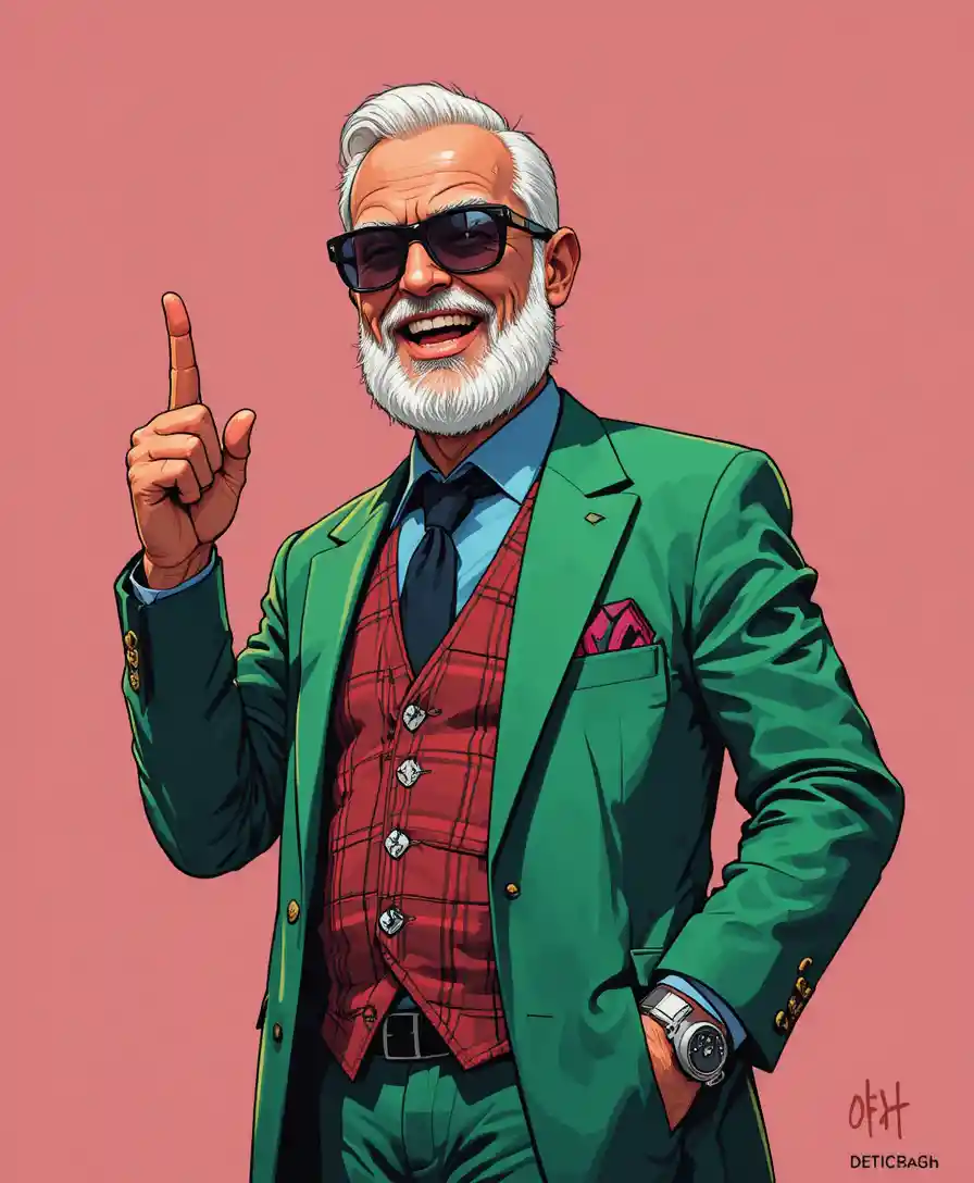 Vieil homme heureux avec canne pointant vers le haut en blazer vert