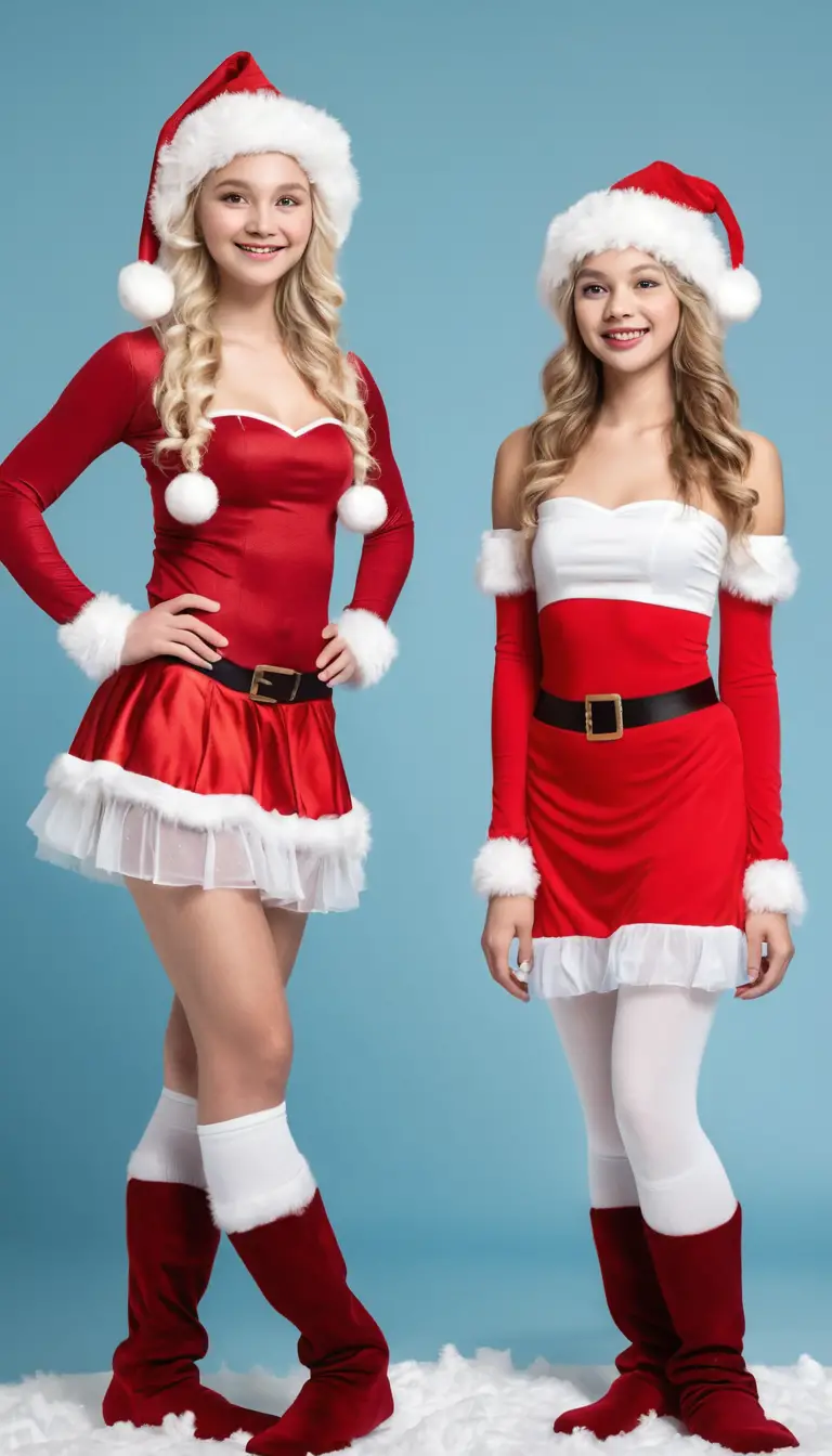 Nordic sisters in festive Santa and Snow Maiden costumes