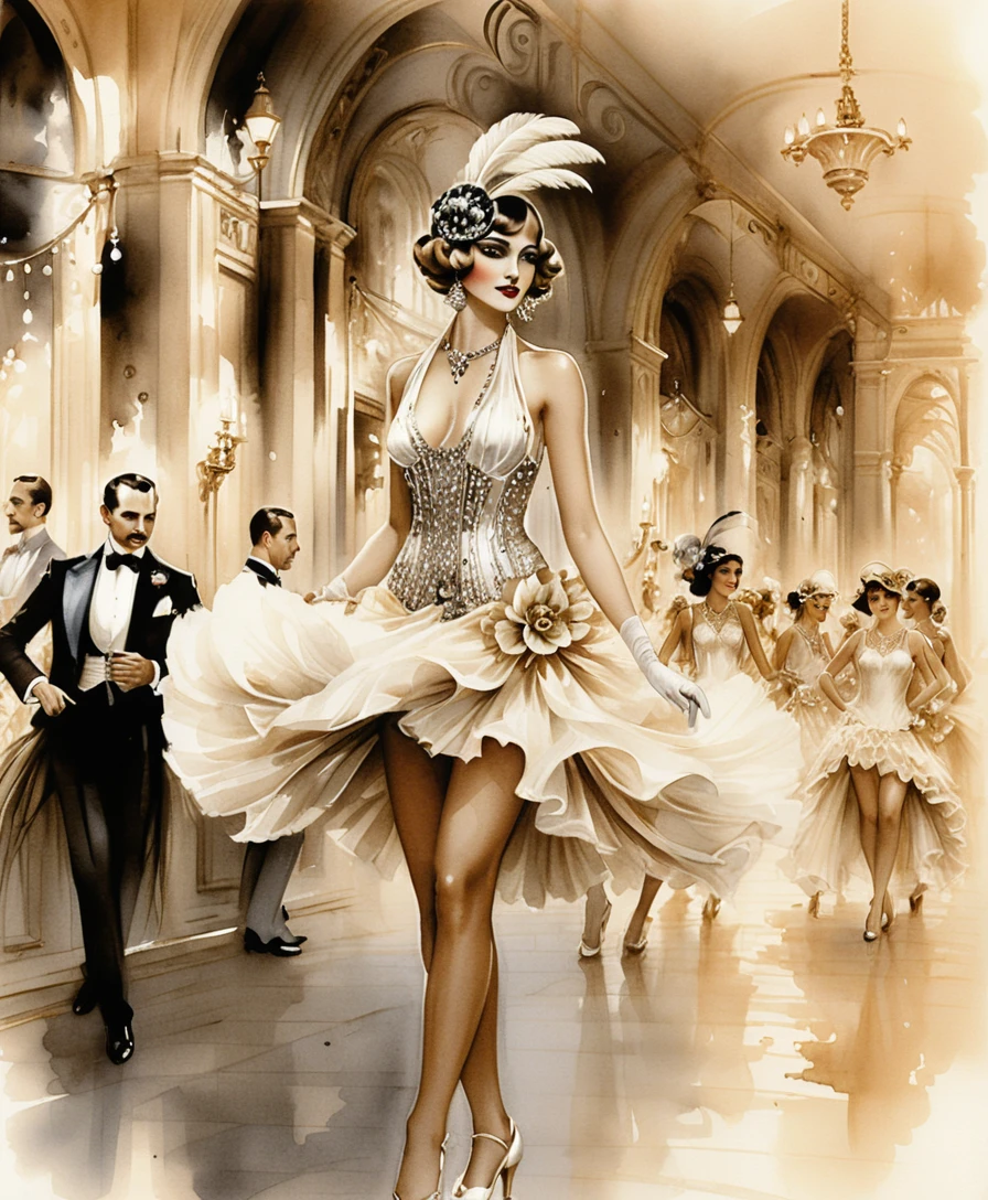 Watercolor flapper dancer performing at a glamorous baroque gala