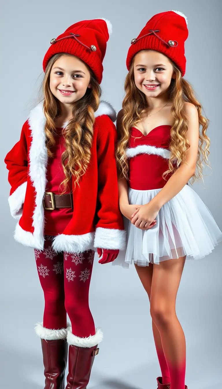 Nordic sisters in Santa and Snow Maiden stage costumes
