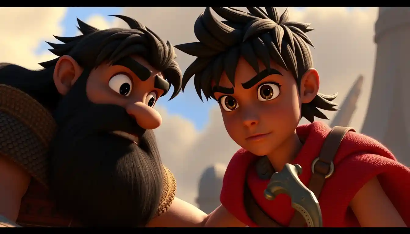 Mentor guiding young warrior in epic 3D outdoor scene