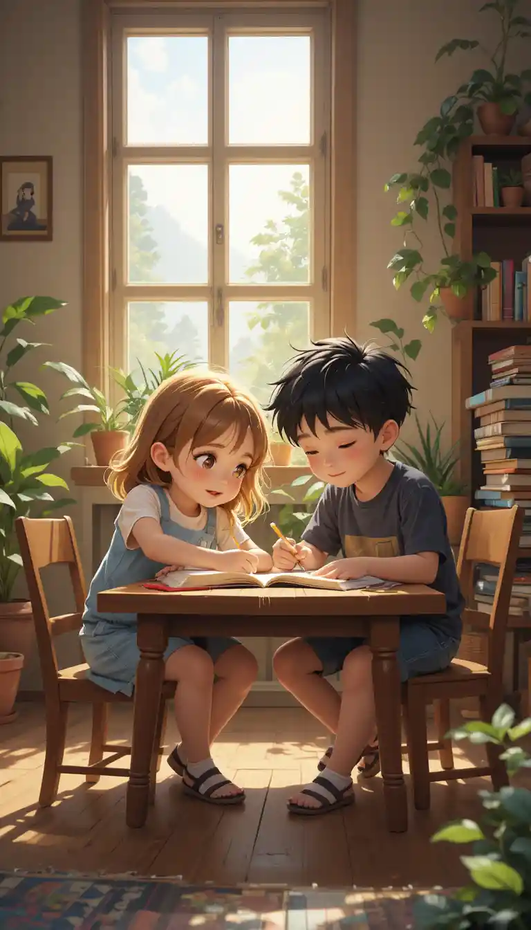 Two children writing together at a sunlit wooden table
