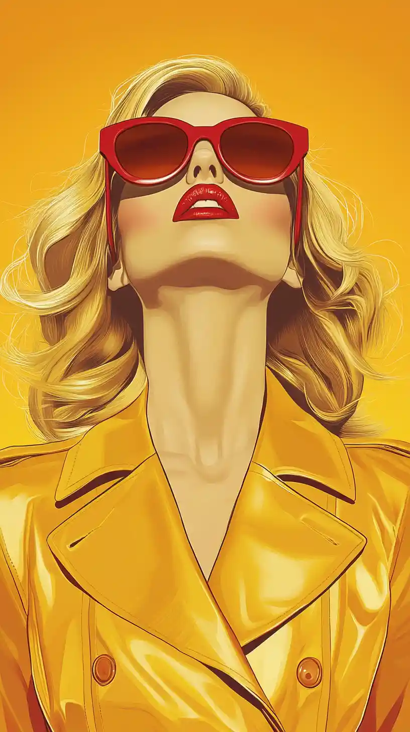 Elegante donna bionda con occhiali da sole rossi e trench giallo
