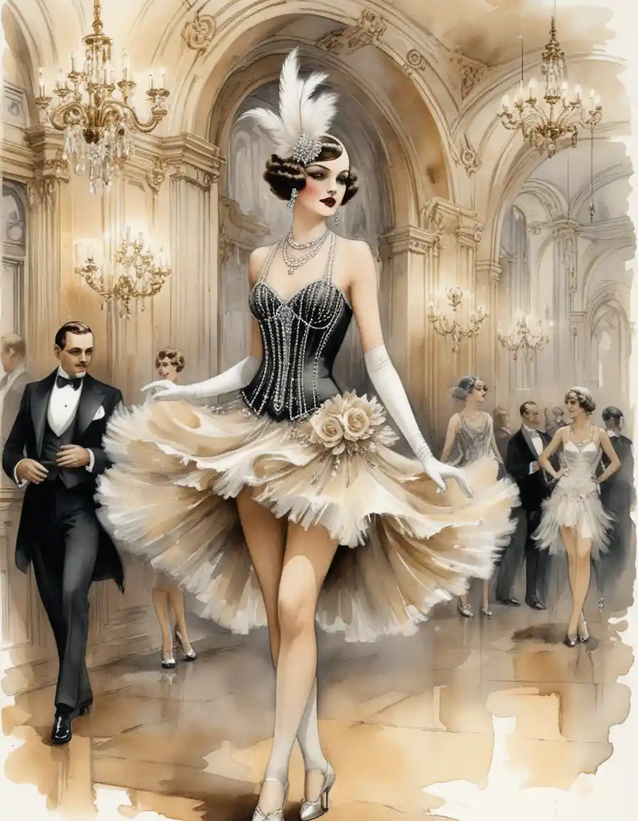 Glamorous 1920s cabaret dancer in a grand baroque ballroom